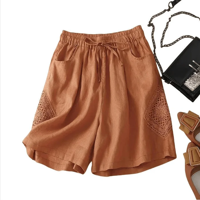 Women summer Cotton and Linen Hollowout Splicing Loose Casual Shorts Orange M