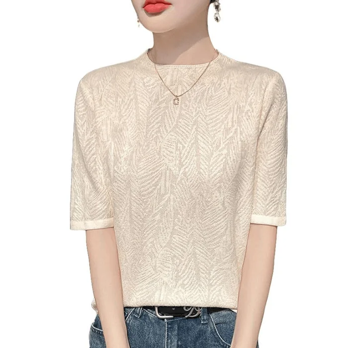 Women Summer Fashion Silk Round Neck Half Sleeves T Shirt Sweaters Beige S
