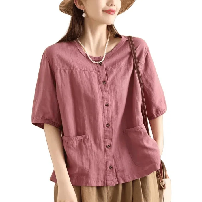 Women Summer Vintage Cotton and Linen Shirt with Pocket Pink M