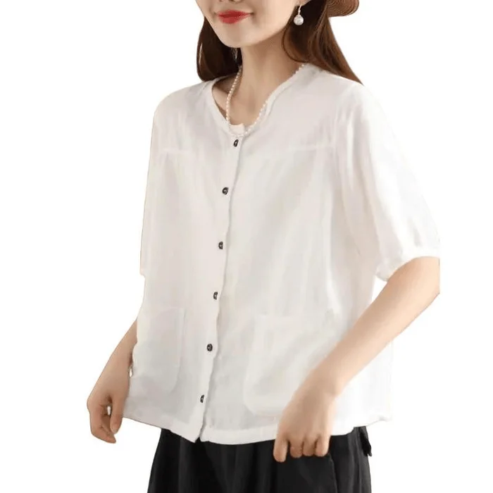 Women Summer Vintage Cotton and Linen Shirt with Pocket White L
