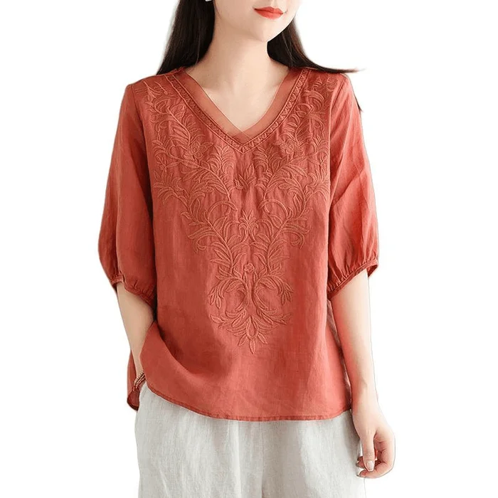 Women Vintage Cotton and Linen Embroidered V Neck Mid-sleeve Casual Shirt Orange L