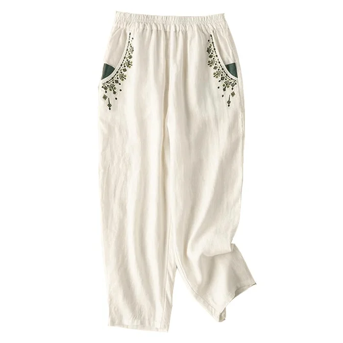 Women Vintage Embroidered Loose Harem Pants Casual Cropped Pants White L