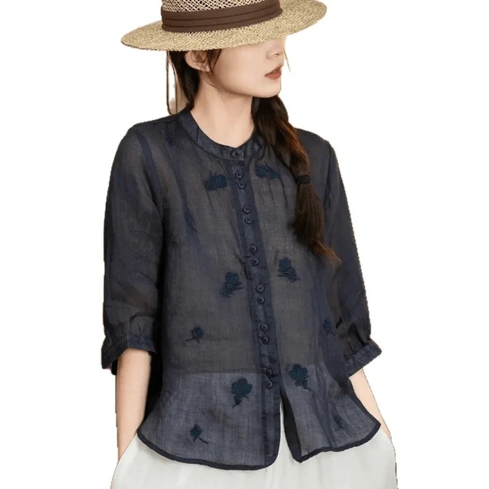 Women Vintage Stand Collar Embroidered Casual Three-quarter Sleeves Shirt Navy M