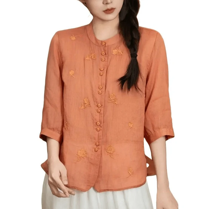 Women Vintage Stand Collar Embroidered Casual Three-quarter Sleeves Shirt Orange M