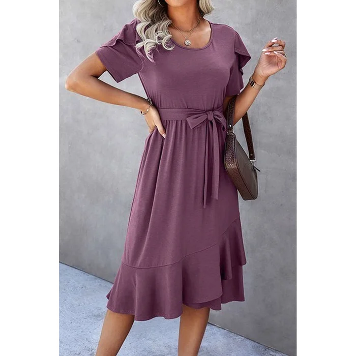 Women's Casual Scoop Neck Ruffle Sleeve Dress with High-Waist Belt