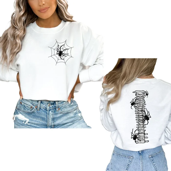 Women's Halloween Sweatshirt, Spider Web and Spiders on Spine