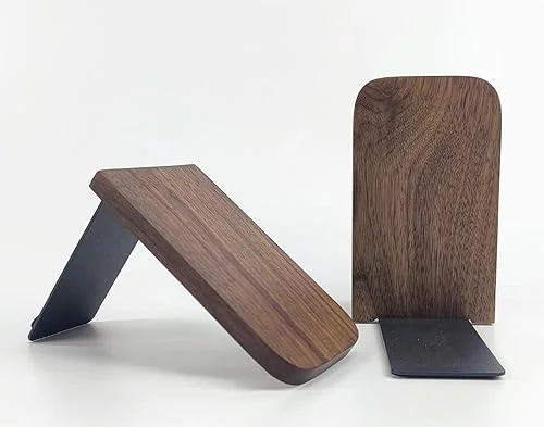 Wood Book Ends for Shelves, Non-Skid Wood Bookends, Heavy Duty Book Stand Support for Books and Movies (Walnut-1 Pair, Large)