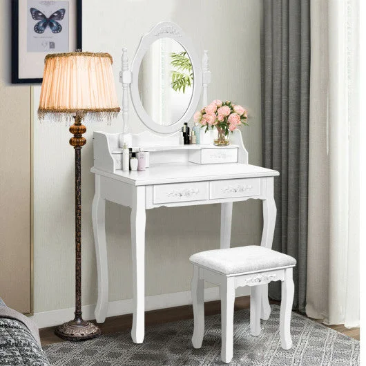 Wood Vanity Table Set with Oval Mirror and 4 Drawers for Kids Girls Women-White