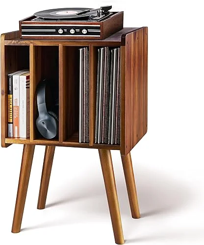 Wooden LP Record Player Stand with 4 Cabinets, Holds up to 100 Vinyls, Metal Record Storage Holder and Organizer Table, Classical Design for Files/Book (Mid-Century Modern)