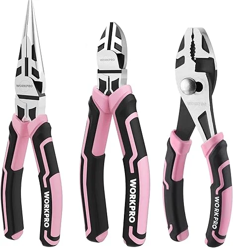 WORKPRO 3-Piece Pliers Set, Pink Pliers Tool Set Including Needle Nose Pliers, Diagonal Cutting Pliers, and Slip Joint Pliers for Plumbing, Automotive and General Applications – Pink Ribbon