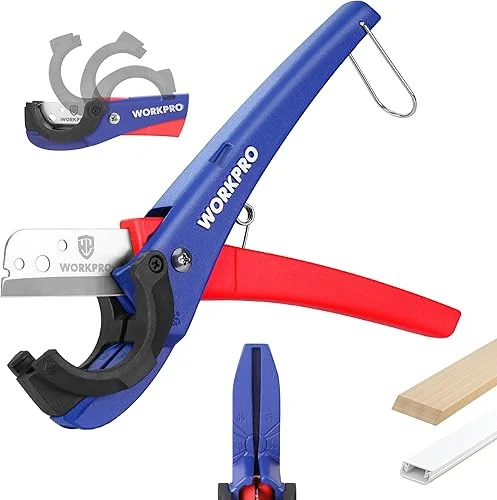 WORKPRO PEX Cutter, Hose Cutter with 1/8′-1-5/8′ Cutting Capacity, specific angle(30°, 45°) for cutting rectangular cord cover, Tubing Cutter for PPR, PE, PP, Suitable for Home and Plumbing Repairs