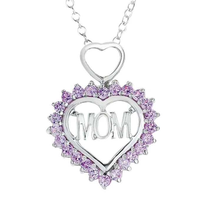 'MOM' Lab-Grown Pink Sapphire Sterling Silver Heart Pendant Necklace
