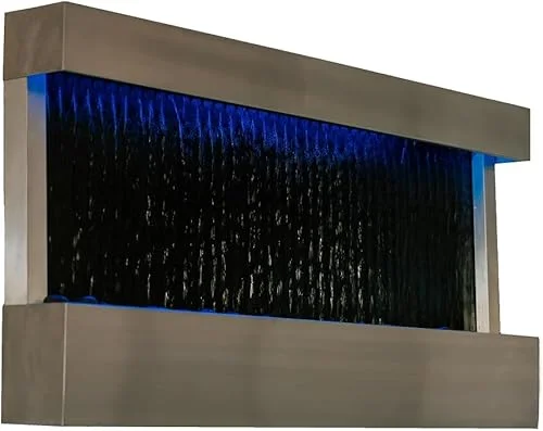 XBrand 47′ Indoor Wall-Mounted Mirror Waterfall Fountain with Pump, LED Lights, and Rocks for Home Decoration, Steel