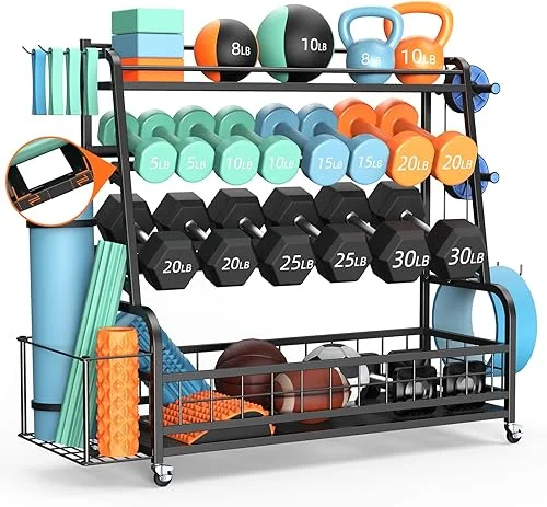 XL Dumbbell Rack Weight Stand – Bonvork Adjustable Weight Rack for Dumbbells, Home Gym Storage Rack for Kettlebell, Balls,Yoga Mat Storage Holder, Workout Equipment Storage Organizer With Wheels