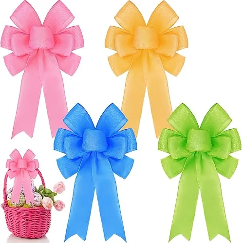 XunYee 4 Pieces Easter Spring Wreath Bow Decoration Large Colorful Burlap Wreath Ribbon Bows Ornaments for Easter Party Tree(Blue, Yellow, Green, Pink)