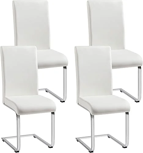 Yaheetech 4PCS Dining Chairs Modern Dining Room Chairs High Back Upholstered Armless Dining Chairs with Metal Legs Faux Leather Seat for Kitchen/Dining Room White (2 Packages Containing 4 Chairs)