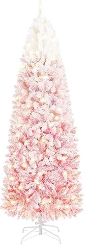 Yaheetech 6ft Pre-lit Snow Flocked Pencil Christmas Tree Fir Hinged Slim Corner Xmas Tree Holiday Decoration with 250 Incandescent Warm White Lights & 814 Snow Branch Tips, Pink Gradient