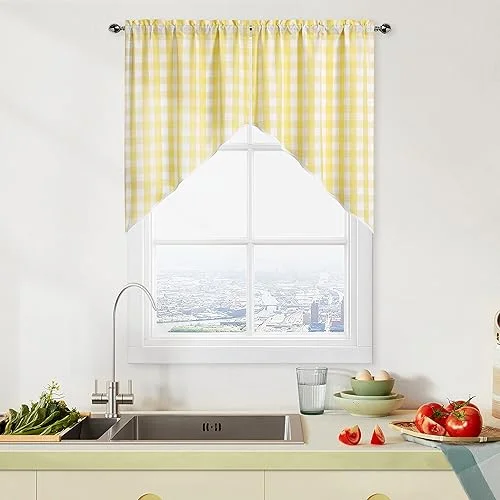 Yellow and White Buffalo Plaid Swag Valance Cafe Curtains Farmhouse Kitchen Curtains 36 Inches Long, Rustic Gingham Check Small Window Curtains for Kitchen Bathroom, 28′ x 36′, Yellow/White, Set of 2