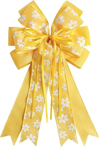 Yellow Bow Large Floral Wreath Bow Daisy Spring Summer Wreath Bows Yellow Bow for Wreath, Front Door Decor, Spring Summer Decor, Indoor Outdoor Decorations