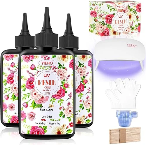 YIEHO 300g UV Resin Kit with Light-Upgraded Crystal Clear Hard UV Curing Premixed Epoxy Resin Starter Supplies for Art Craft Beginner Jewelry Making with Lamp