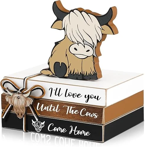 Yookeer 4 Pieces Highland Cow Tiered Tray Decor Mini Wood Book Stacks Table Decorations Highland Cow Wooden Book Rustic Farmhouse Table Sign for Home Room Mantle Fireplace Shelf
