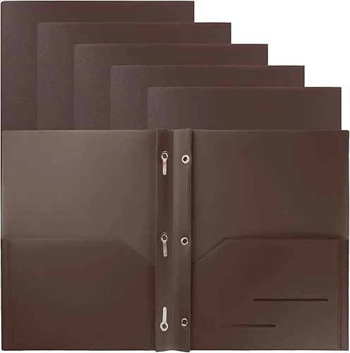 Youngever 6 Pack Heavy Duty Plastic Two Pocket Folders with 3 Prongs, Metal Prongs Fastener, Heavy Duty Plastic 2 Pocket Folder (Black)