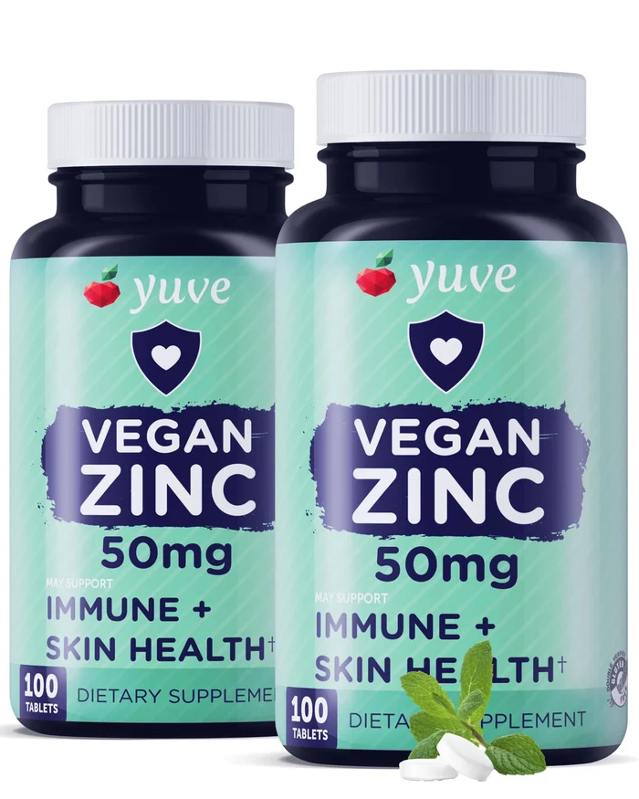 Yuve Natural Vegan Zinc Vitamins Supplements 50mg, Supreme Immune Support, Fast Relief from Colds and Flu, Acne Free Skin, Healthy Hormone Levels, Non-GMO, Gluten & Sugar Free – 100 Veg Tabs (2 Pack)