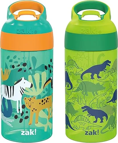 Zak Designs 16oz Riverside Kids Water Bottle with Spout Cover and Built-in Carrying Loop, Made of Durable Plastic, Leak-Proof Design for Travel (Dino Camo & Safari, Pack of 2)