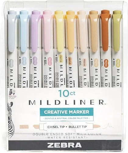Zebra Pen Mildliner Double-Ended Highlighter Set, Chisel and Bullet Point Tips, No Bleed Bible Assorted Neutral and Gentle Ink Colors, 10-Pack, Model Number: 78701