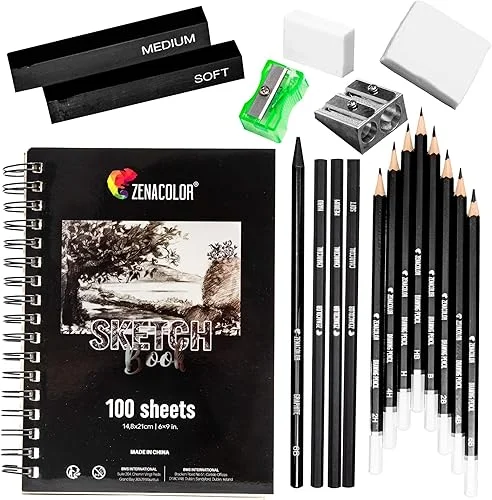 Zenacolor Complete Sketchbook Kit with Sketch Book A5 and Pencils – 8 Drawing Pencils, 3 Charcoal Pencils, 1 Graphite Pencil, 2 Charcoal Sticks, 100 Page Sketch Pad for Beginners or Professional
