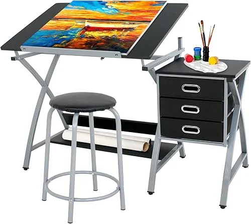 ZENY Drafting Table and Stool, Tilted Draft Table Desk w/Drawers, Artist Drawing Desk Craft Table for Drafting, Painting, Reading, Writing