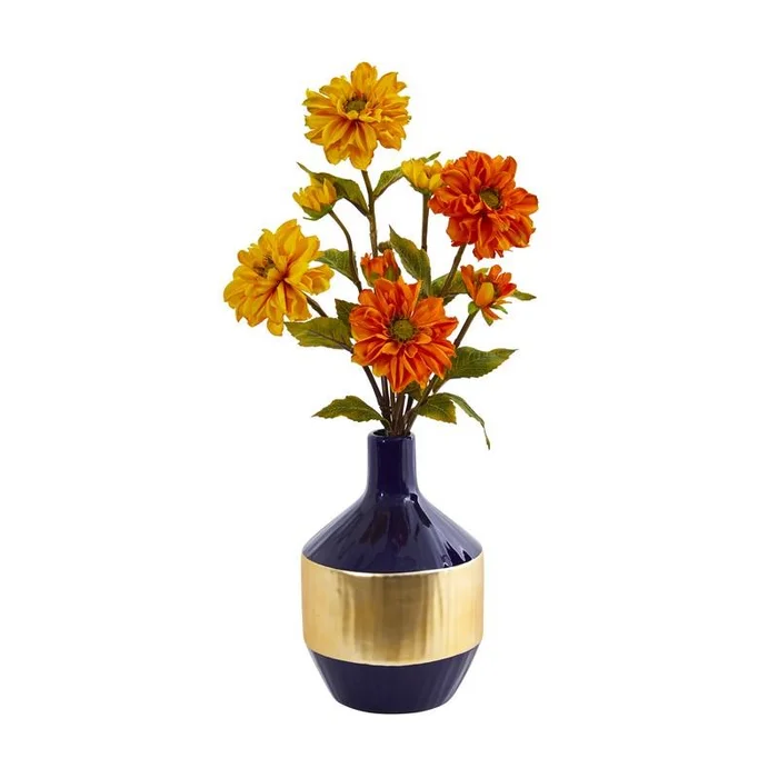 Zinnia Artificial Arrangement in Blue and Gold Designer Vase