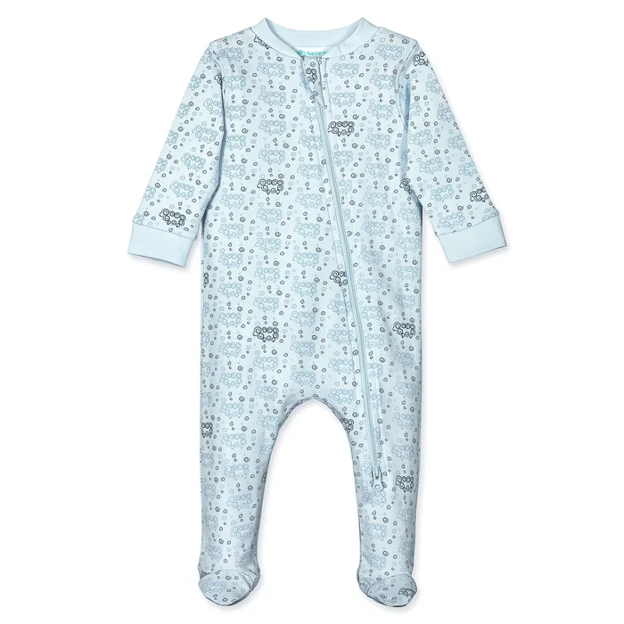 Zipper Footie – Curly Sheep on Baby Blue 100% Pima Cotton by Feather Baby