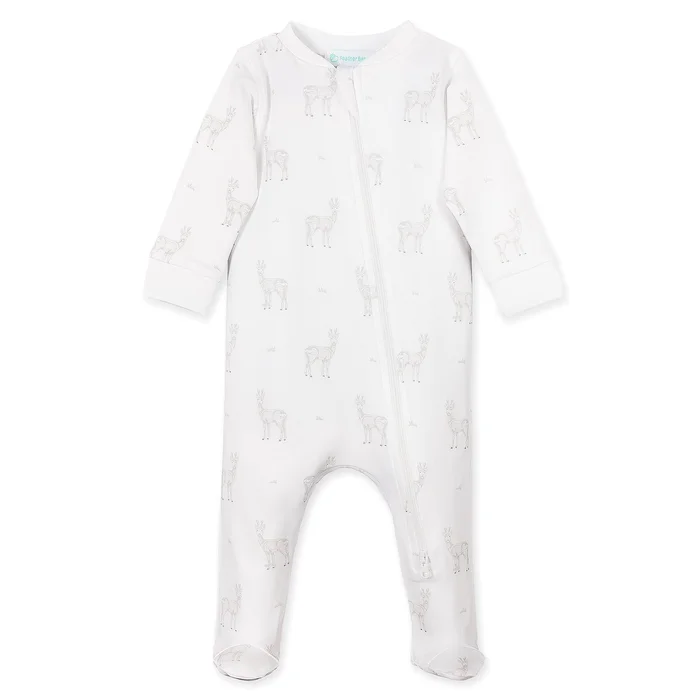 Zipper Footie – Sketched Yearling on White 100% Pima Cotton by Feather Baby