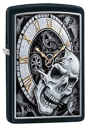 Zippo Skull Clock Design Black Matte Pocket Lighter