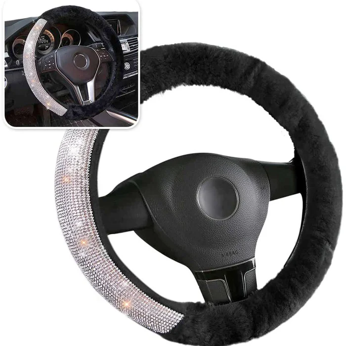 Zone Tech Faux Black Sheepskin Rhinestone Steering Wheel Cover