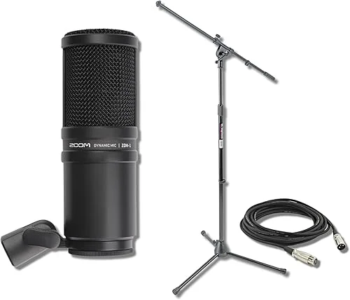Zoom ZDM-1 Dynamic Podcasting Microphone with On-Stage Stands MS7701B Tripod Mic Stand and XLR Cable