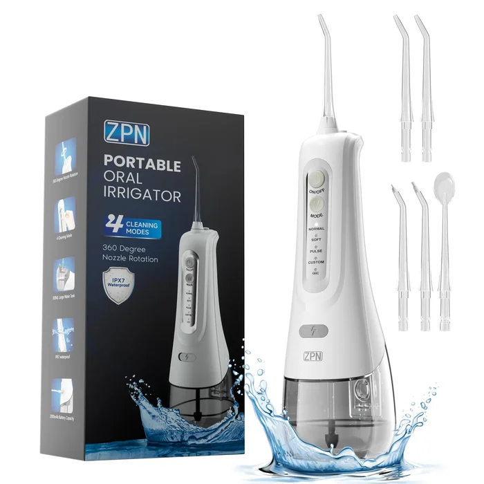ZPN Water Dental Flosser Cordless for Teeth Cleaning，with 4 Modes Oral Irrigator, 5 Replaceable Jet Tips, Portable and Rechargeable IPX7 Waterproof Teeth Cleaner for Home and Travel (White)